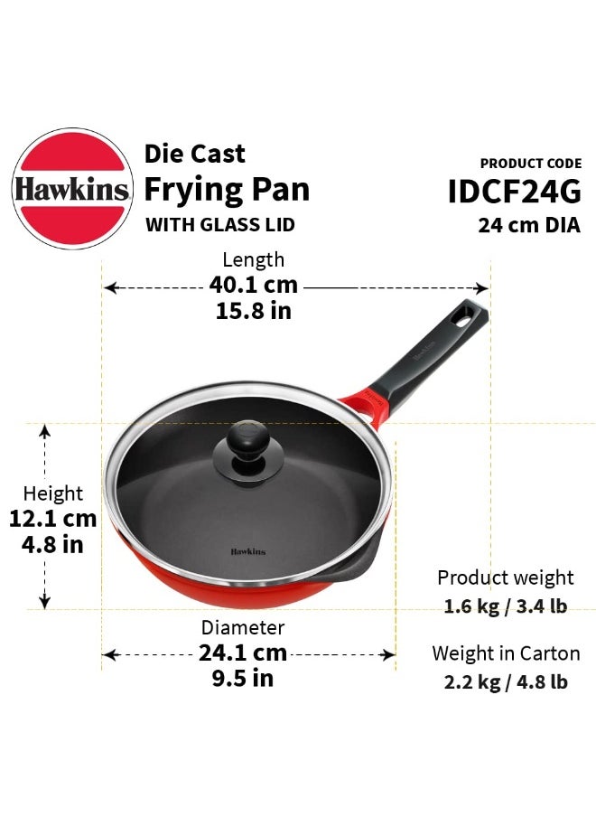 24 Cm Ceramic Coated Die Cast Non Stick Fry Pan With Glass Lid,Induction Compatible,Red