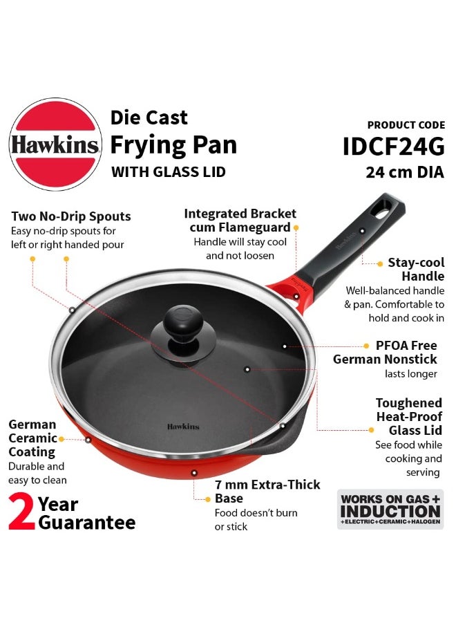 24 Cm Ceramic Coated Die Cast Non Stick Fry Pan With Glass Lid,Induction Compatible,Red