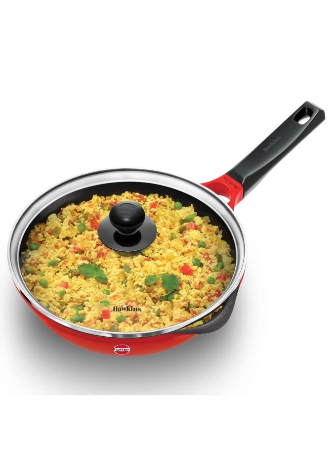 24 Cm, Ceramic Coated Die Cast Non Stick Fry Pan With Glass Lid, Induction Compatible, Red