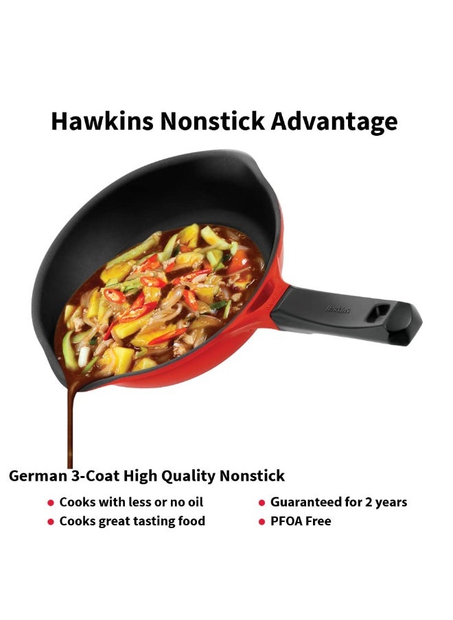 24 Cm Ceramic Coated Die Cast Non Stick Fry Pan With Glass Lid,Induction Compatible,Red