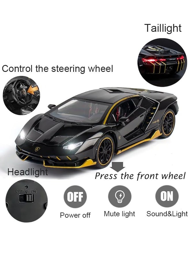 1:32 Lambo Supercar LP770 Die-Cast Zinc Alloy Pull Back Toy Car with Sound & Light, Collectible Metal Model Vehicle Gift for Kids Boys Girls (Black)