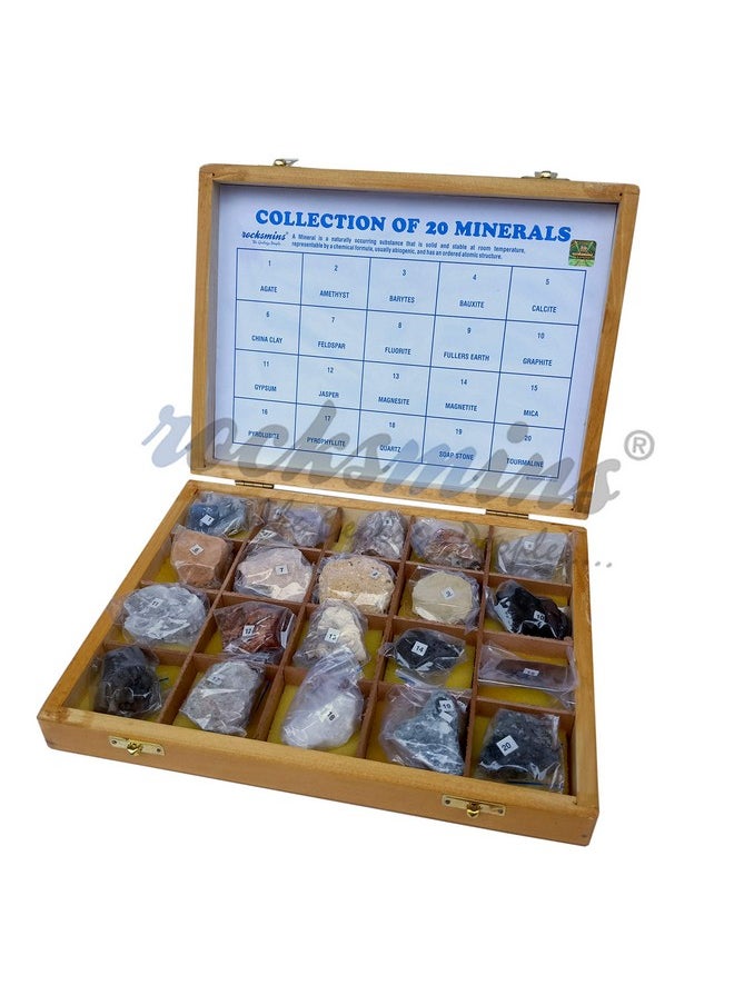 Rocksmins MI20WB Collection of 20 Minerals in Heavy Wooden Box Set of 20 Large Mineral Specimen for Students of School College Education Rocks Geology Science Toy Kits Study Earth Science & Stones