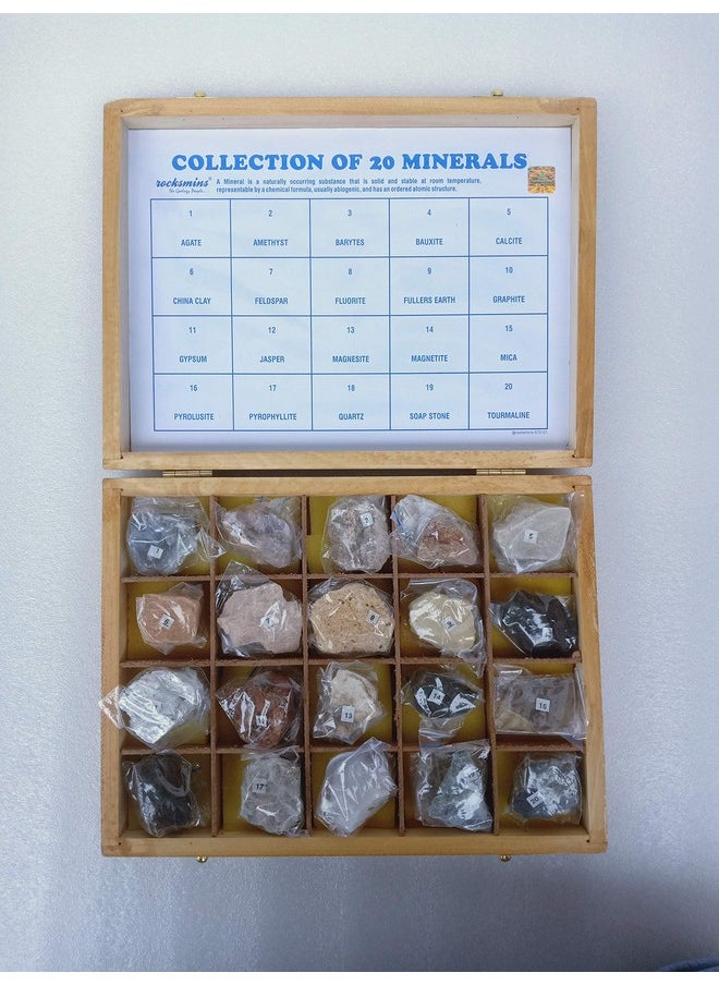 Rocksmins MI20WB Collection of 20 Minerals in Heavy Wooden Box Set of 20 Large Mineral Specimen for Students of School College Education Rocks Geology Science Toy Kits Study Earth Science & Stones
