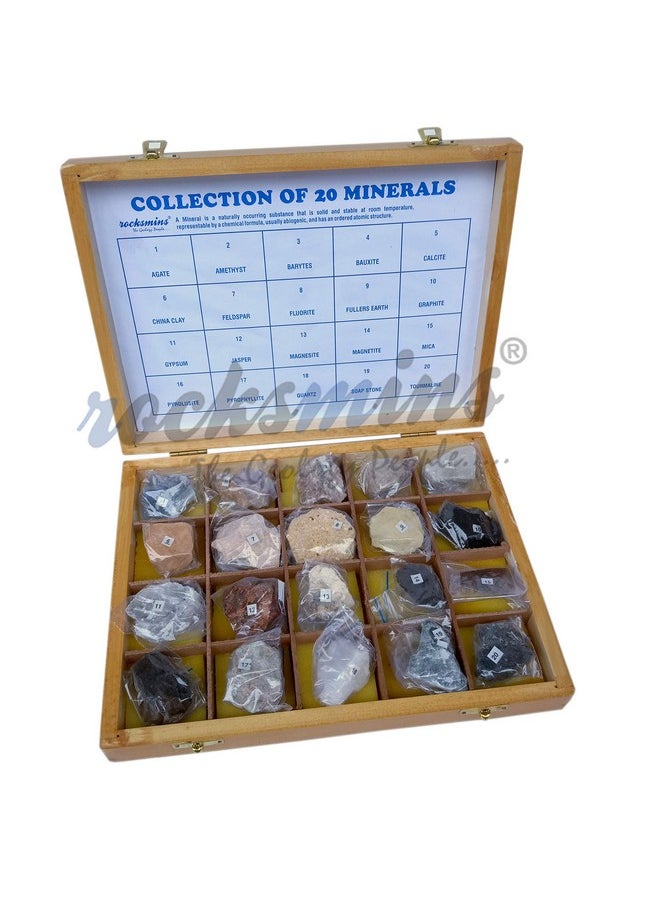 Rocksmins MI20WB Collection of 20 Minerals in Heavy Wooden Box Set of 20 Large Mineral Specimen for Students of School College Education Rocks Geology Science Toy Kits Study Earth Science & Stones