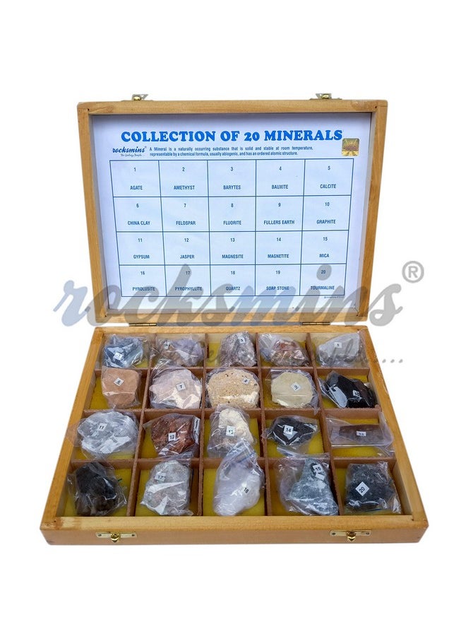 Rocksmins MI20WB Collection of 20 Minerals in Heavy Wooden Box Set of 20 Large Mineral Specimen for Students of School College Education Rocks Geology Science Toy Kits Study Earth Science & Stones