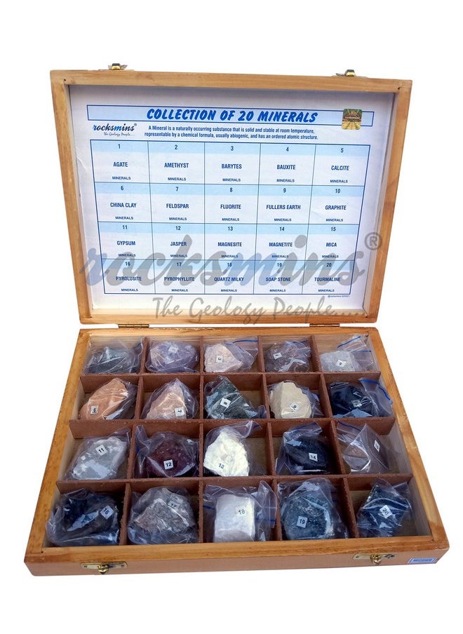 Rocksmins Collection of 20 Minerals in Wooden Box Heavy MI20WB Set of 20 Large Mineral Specimen for Students of School College Education Rocks Geology Science Toy Kits Study Earth Science & Stones