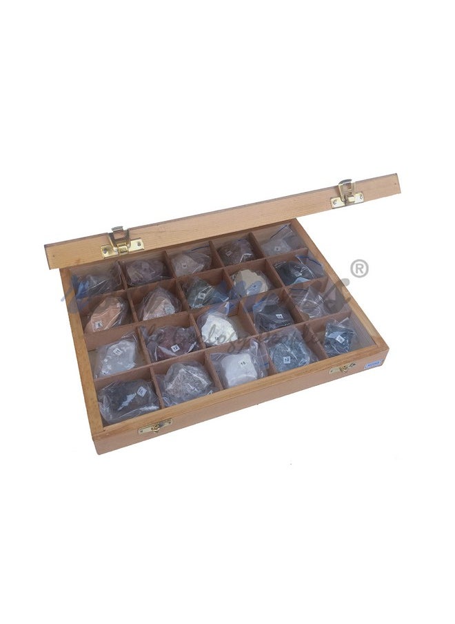 Rocksmins Collection of 20 Minerals in Wooden Box Heavy MI20WB Set of 20 Large Mineral Specimen for Students of School College Education Rocks Geology Science Toy Kits Study Earth Science & Stones