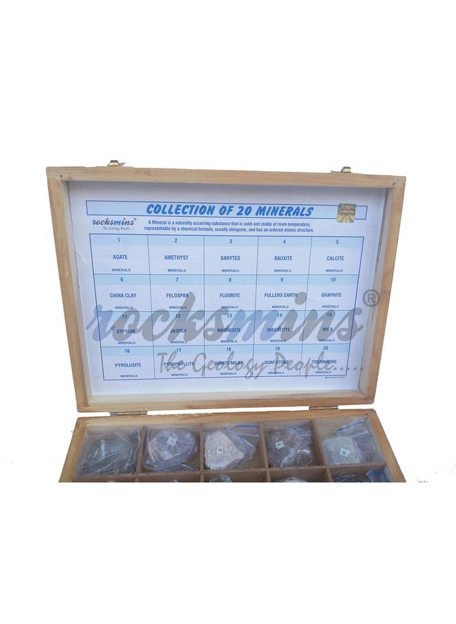 Rocksmins Collection of 20 Minerals in Wooden Box Heavy MI20WB Set of 20 Large Mineral Specimen for Students of School College Education Rocks Geology Science Toy Kits Study Earth Science & Stones