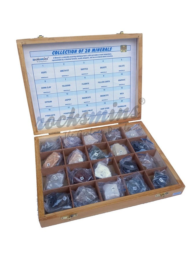Rocksmins Collection of 20 Minerals in Wooden Box Heavy MI20WB Set of 20 Large Mineral Specimen for Students of School College Education Rocks Geology Science Toy Kits Study Earth Science & Stones
