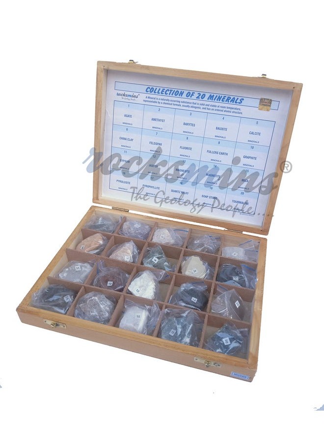 Rocksmins Collection of 20 Minerals in Wooden Box Heavy MI20WB Set of 20 Large Mineral Specimen for Students of School College Education Rocks Geology Science Toy Kits Study Earth Science & Stones