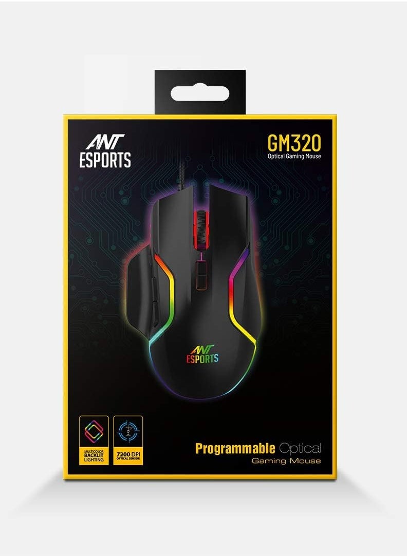 GM320 RGB Optical Wired Gaming Mouse | Ambidextrous Design | 8 Programmable Buttons | Adjustable DPI up to 12800 | RGB Lighting | Rapid-Fire Button