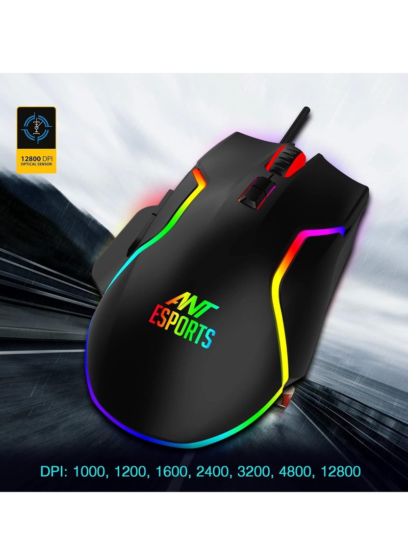 GM320 RGB Optical Wired Gaming Mouse | Ambidextrous Design | 8 Programmable Buttons | Adjustable DPI up to 12800 | RGB Lighting | Rapid-Fire Button