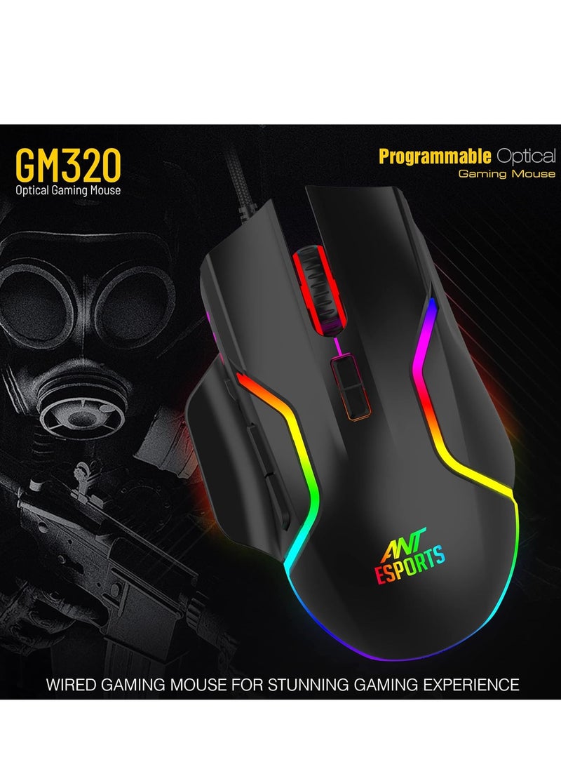 GM320 RGB Optical Wired Gaming Mouse | Ambidextrous Design | 8 Programmable Buttons | Adjustable DPI up to 12800 | RGB Lighting | Rapid-Fire Button