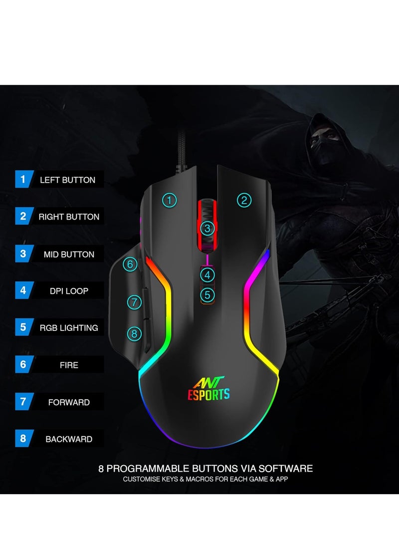GM320 RGB Optical Wired Gaming Mouse | Ambidextrous Design | 8 Programmable Buttons | Adjustable DPI up to 12800 | RGB Lighting | Rapid-Fire Button