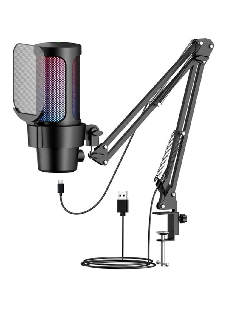 Gaming USB Microphone with Touch Mute RGB Lighting Gain Knob and Monitor Jack, USB PC Microphone for Podcast Video, Streaming, YouTube, Condenser Microphone with Quick Mute Function