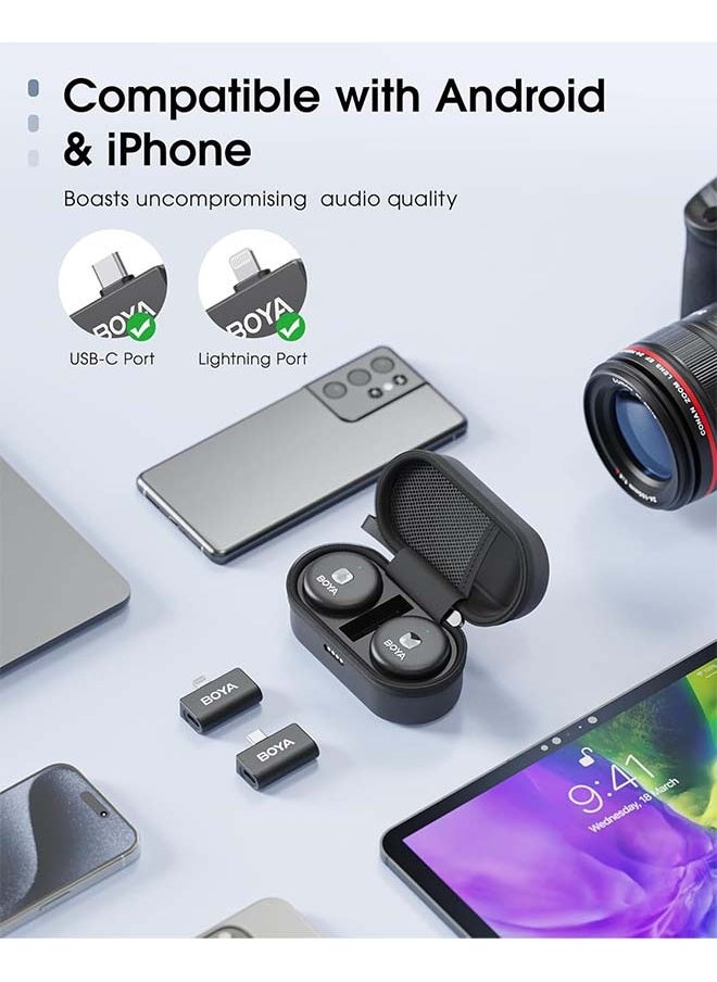 BOYA Omic Wireless Microphone for iPhone/Android with MFi Certified Lightning/USB-C Plug, Noise Reduction, 164ft 30H Battery Life with Charging Case, iPhone Microphone for Video Recording-Black
