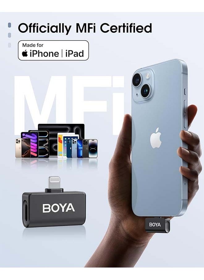 BOYA Omic Wireless Microphone for iPhone/Android with MFi Certified Lightning/USB-C Plug, Noise Reduction, 164ft 30H Battery Life with Charging Case, iPhone Microphone for Video Recording-Black