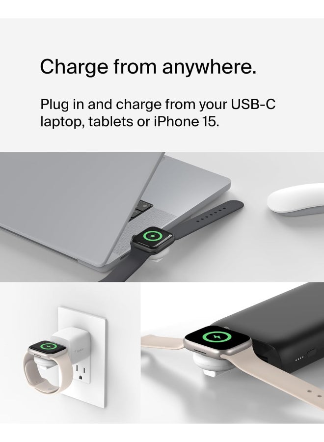 Boost Charge Portable USB-C Apple Watch Charger - MFi-Certified USB-C Charger For Apple Watch Series 9, Series 8, Series 7, Ultra, And More - Compatible w/MacBook, iPhone 15, And More - White