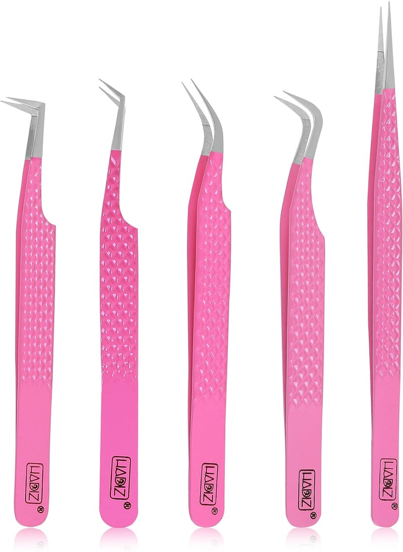HADIZ Fiber Tip Eyelash Extension tweezers Lash Tweezer Japanese Steel set of five Raspberry