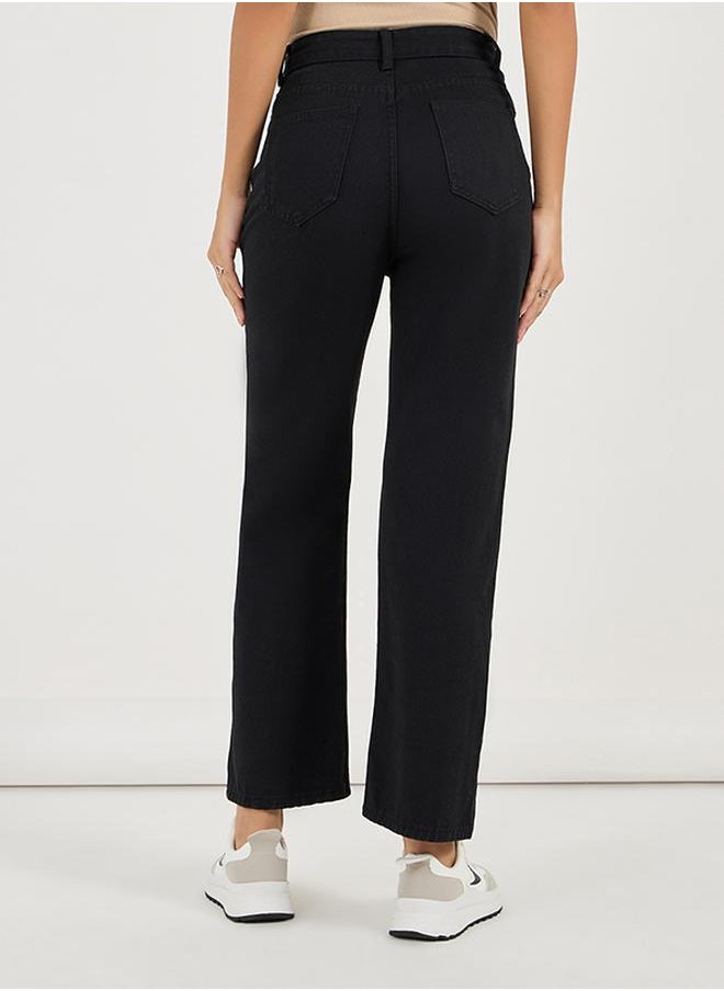 Solid High Rise Straight Leg Jeans