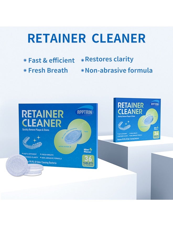 Retainer Cleaner，Retainer Cleaner Tablets Denture Cleaning Tablets for Dental Appliances and Night Mouth Guard Cleanser Removes Odors Stains Plaque-36Tablets