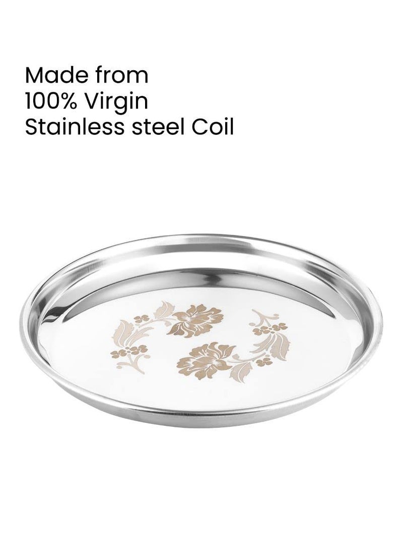 KC Stainless Steel Dinner Plate | Thali | Khumcha Plate with Laser Flower Design Set of 4 Plates (Diamm. 27 Cms)