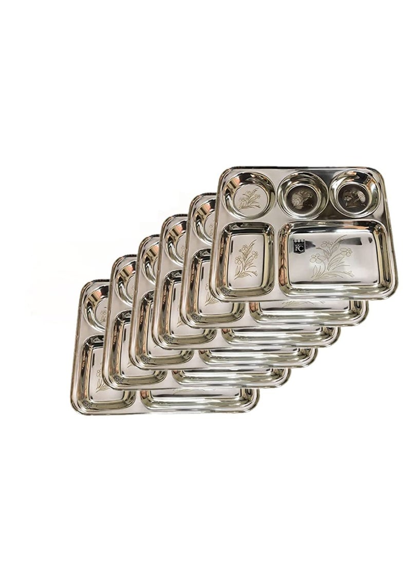KC Stainless Steel Laser Partition Plate 5 in1 / Bhojan Thali/Dinner Plate Set of 6
