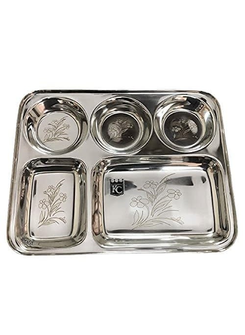 KC Stainless Steel Laser Partition Plate 5 in1 / Bhojan Thali/Dinner Plate Set of 6