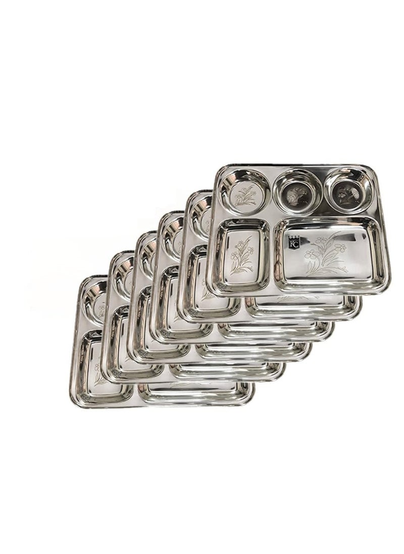 KC Stainless Steel Laser Partition Plate 5 in1 / Bhojan Thali/Dinner Plate Set of 6