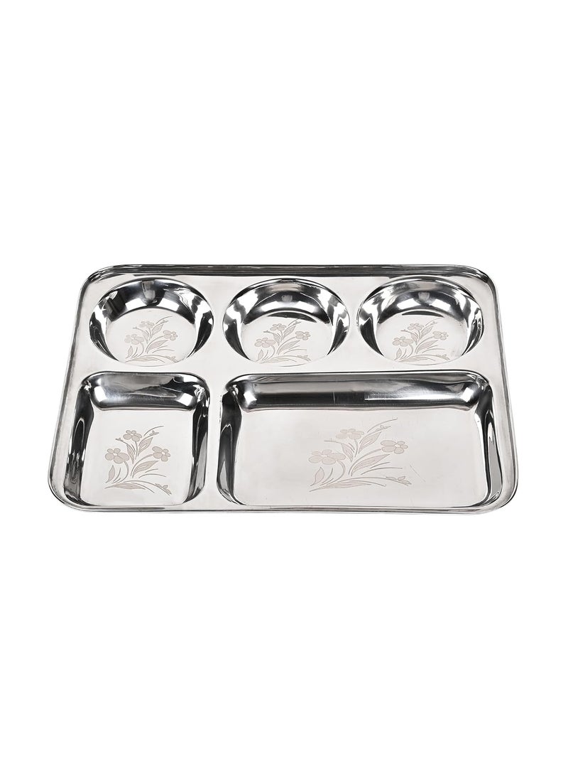 KC Stainless Steel Laser Partition Plate 5 in1 / Bhojan Thali/Dinner Plate Set of 6