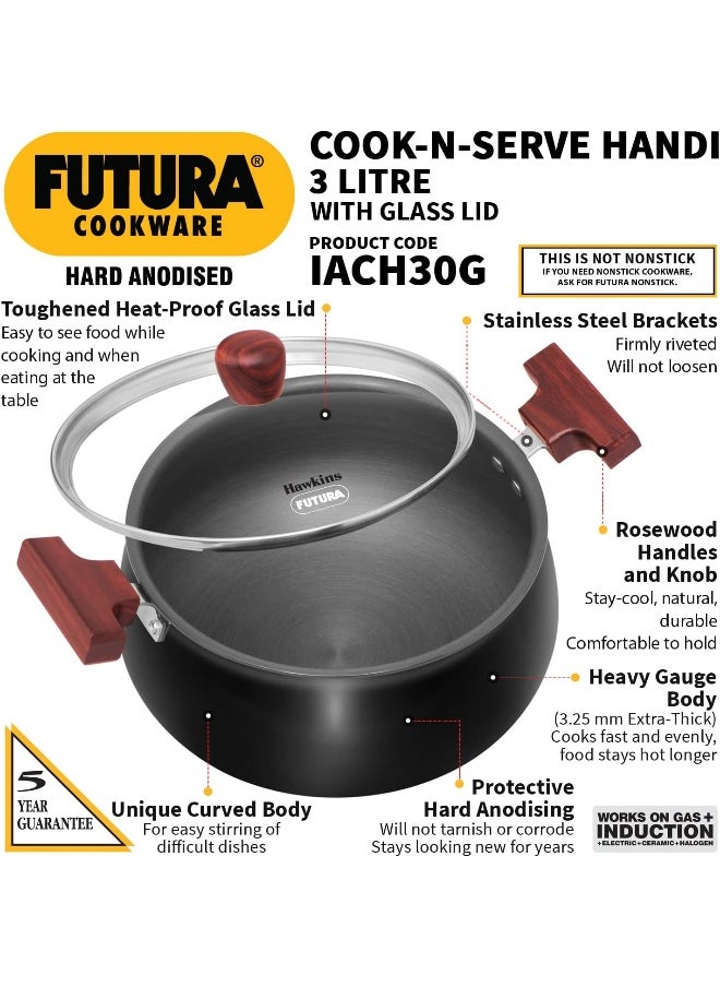 3 Liters Aluminium Cook N Serve Saucepan/Handi,With Glass Lid,Induction Compatible,Black