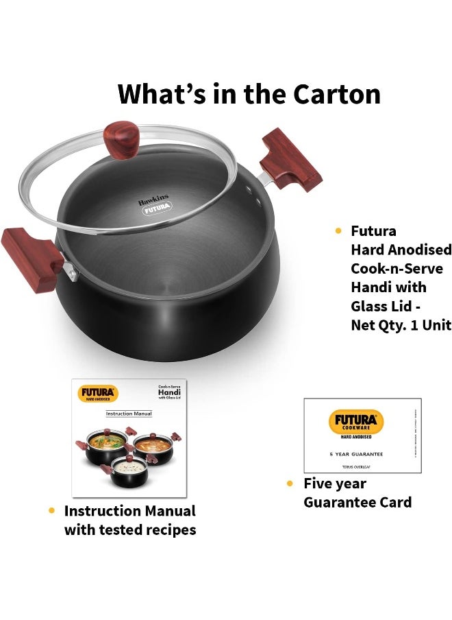 3 Liters Aluminium Cook N Serve Saucepan/Handi,With Glass Lid,Induction Compatible,Black