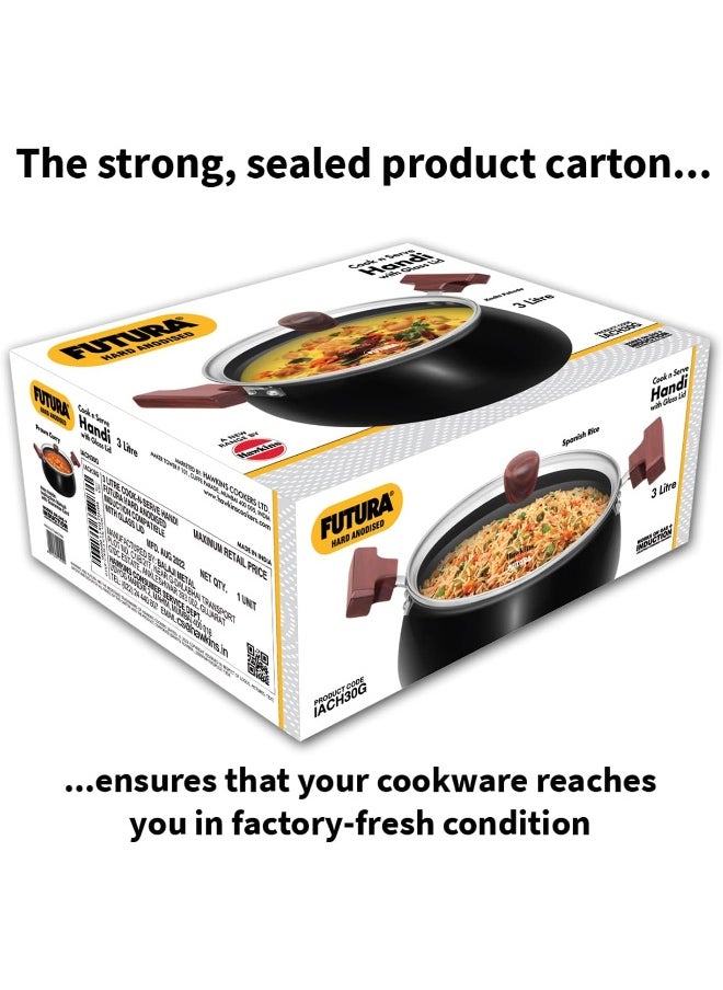3 Liters Aluminium Cook N Serve Saucepan/Handi,With Glass Lid,Induction Compatible,Black