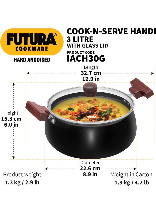 3 Liters Aluminium Cook N Serve Saucepan/Handi,With Glass Lid,Induction Compatible,Black