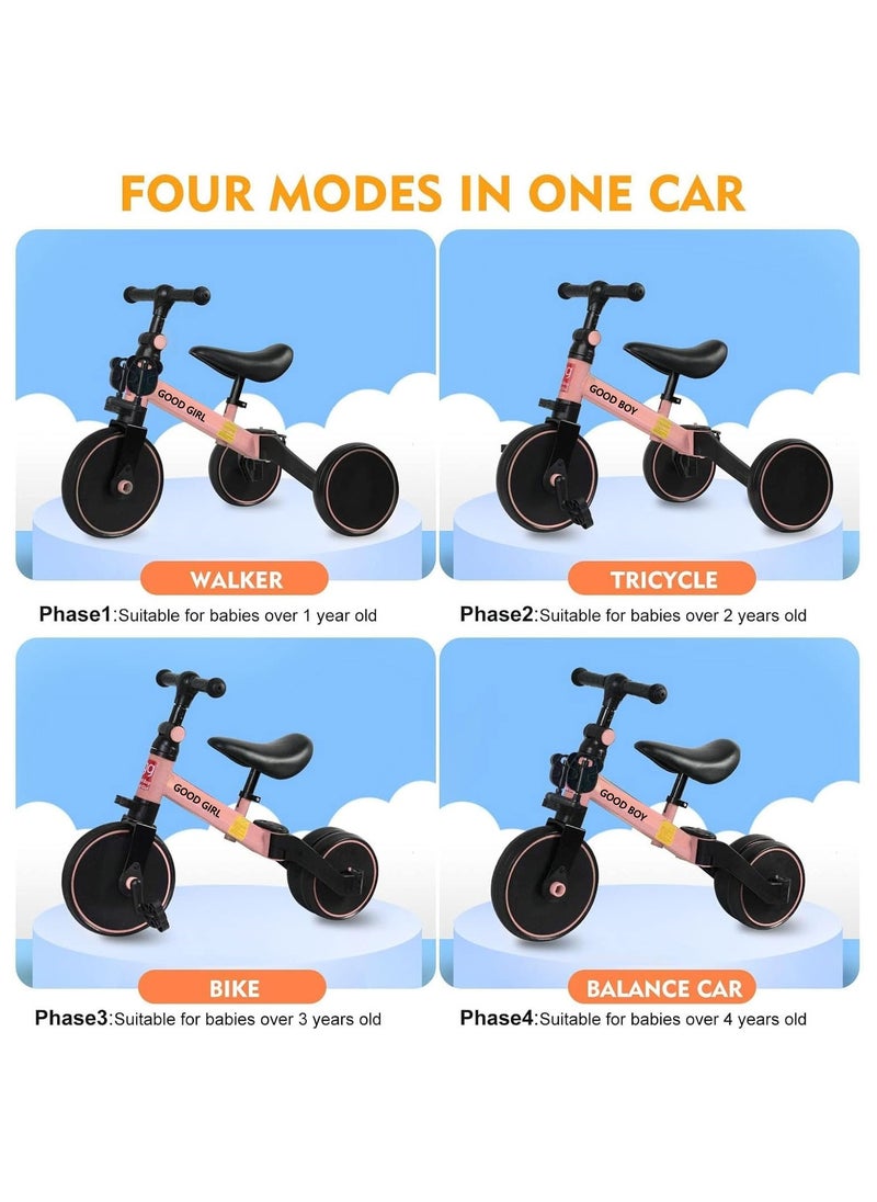 4 In 1 Kids Tricycles Toddlers Trike with Adjustable Seat for Indoor and Outdoor Girls and Boys Pink