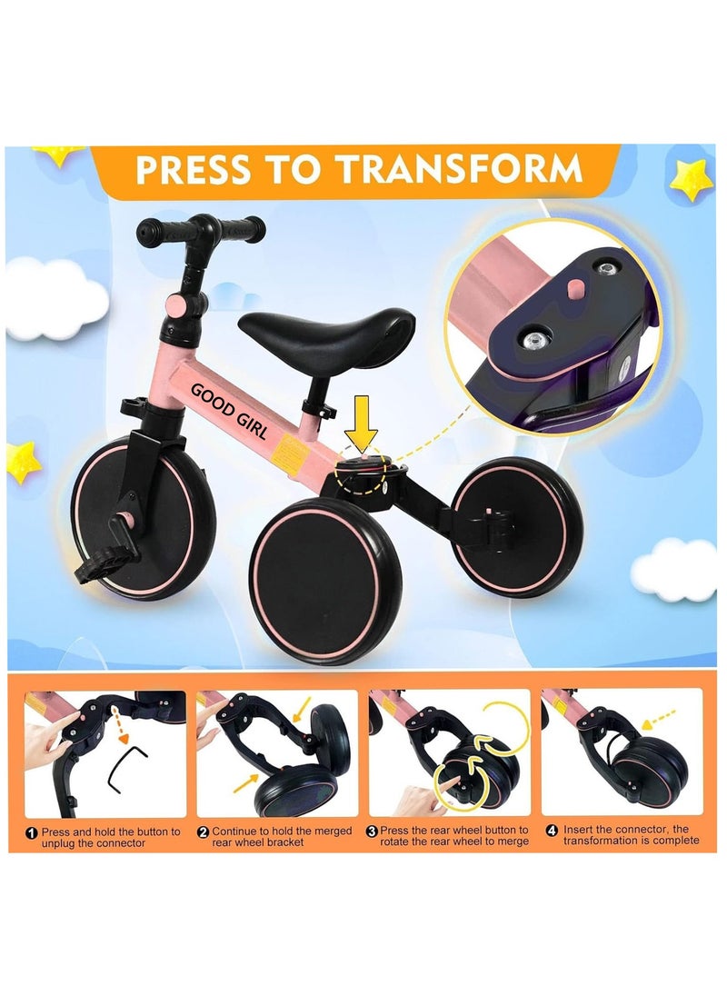 4 In 1 Kids Tricycles Toddlers Trike with Adjustable Seat for Indoor and Outdoor Girls and Boys Pink