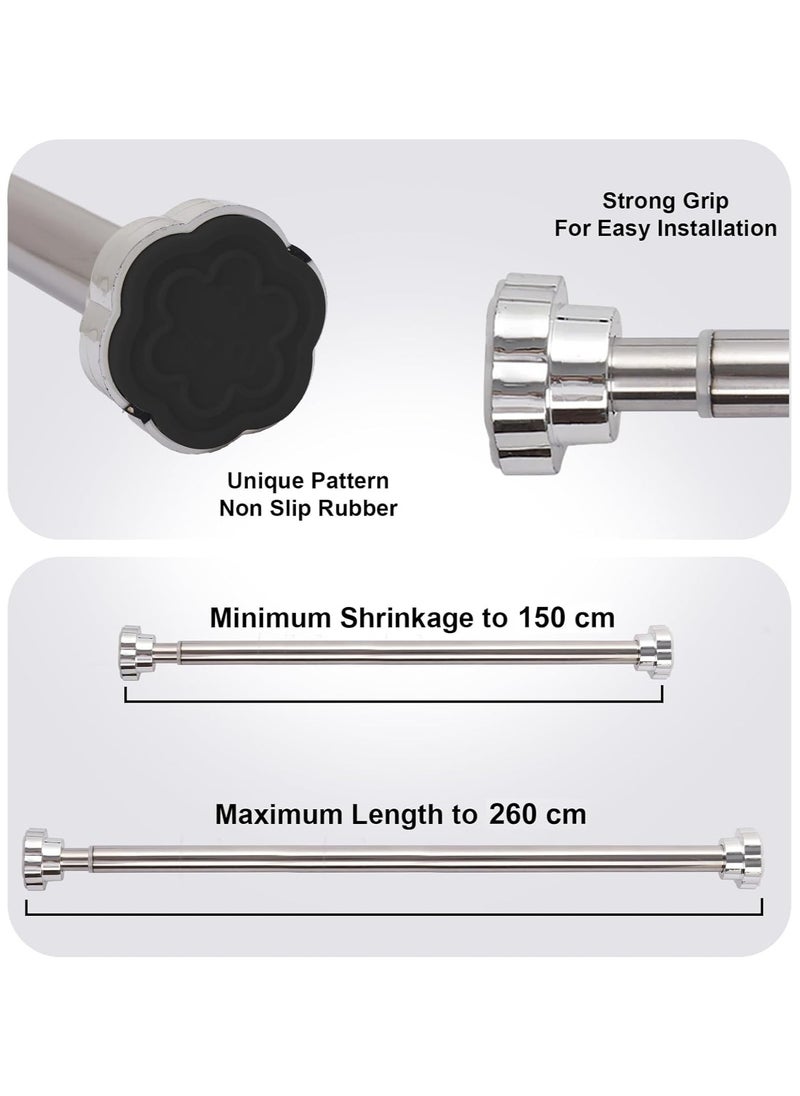 Curtain Rod, 150cm to 260cm Adjustable Length Telescopic Tension Bar Stainless Steel for Shower Stalls Bathtubs Closets Windows Changing Areas - Non-Slip No Drilling