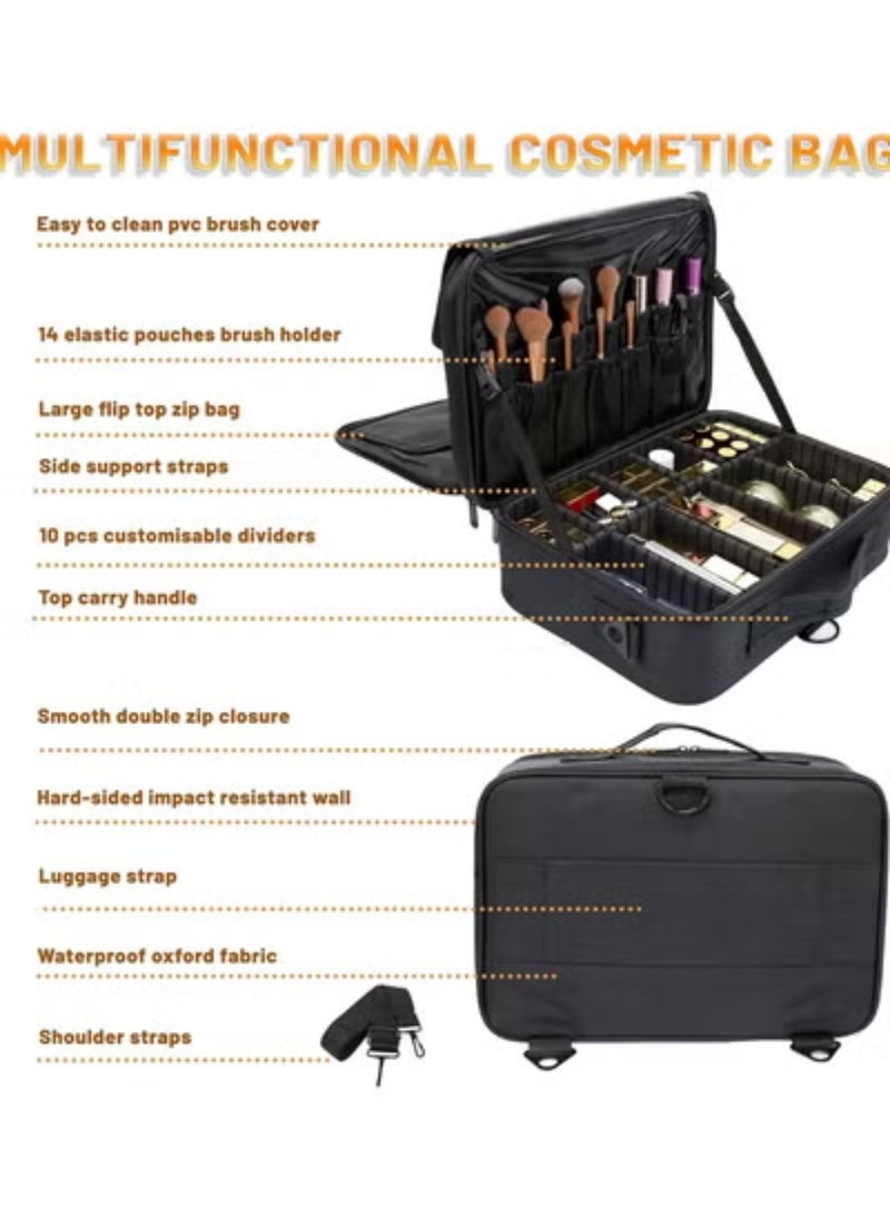 Makeup Case Large Makeup Bag Professional Train Case 16.5 inches Travel Cosmetic Organizer Brush Holder Waterproof Makeup Artist Storage Box, 3 Layer Large Capacity Black