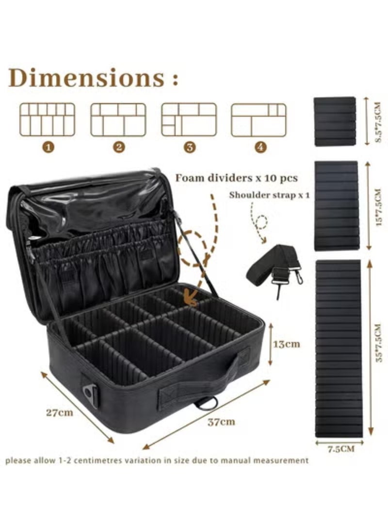 Makeup Case Large Makeup Bag Professional Train Case 16.5 inches Travel Cosmetic Organizer Brush Holder Waterproof Makeup Artist Storage Box, 3 Layer Large Capacity Black