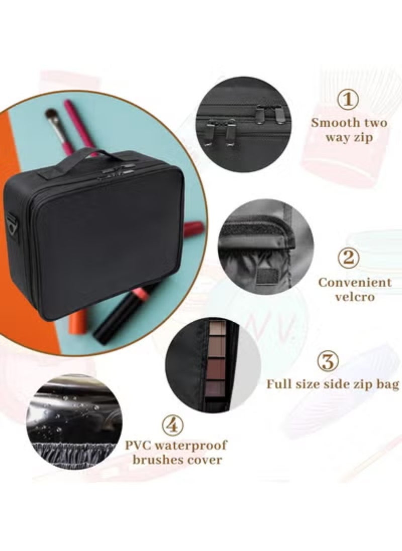 Makeup Case Large Makeup Bag Professional Train Case 16.5 inches Travel Cosmetic Organizer Brush Holder Waterproof Makeup Artist Storage Box, 3 Layer Large Capacity Black
