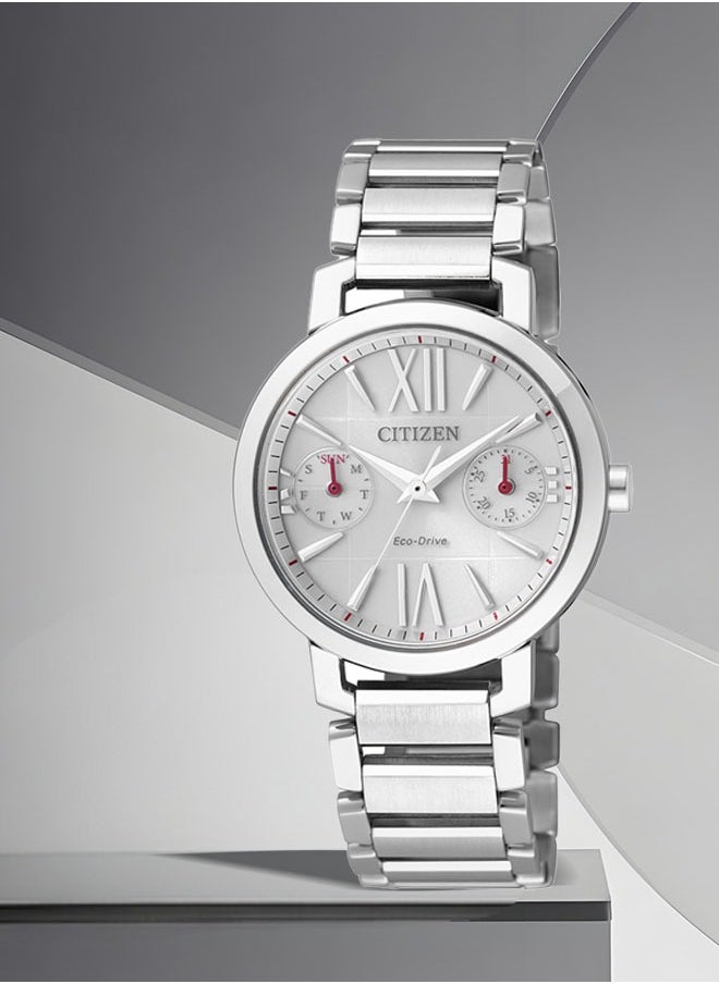 Citizen FD1000-57A Ladies Eco-Drive Watch - Silver Dial Stainless Steel with Day/Date
