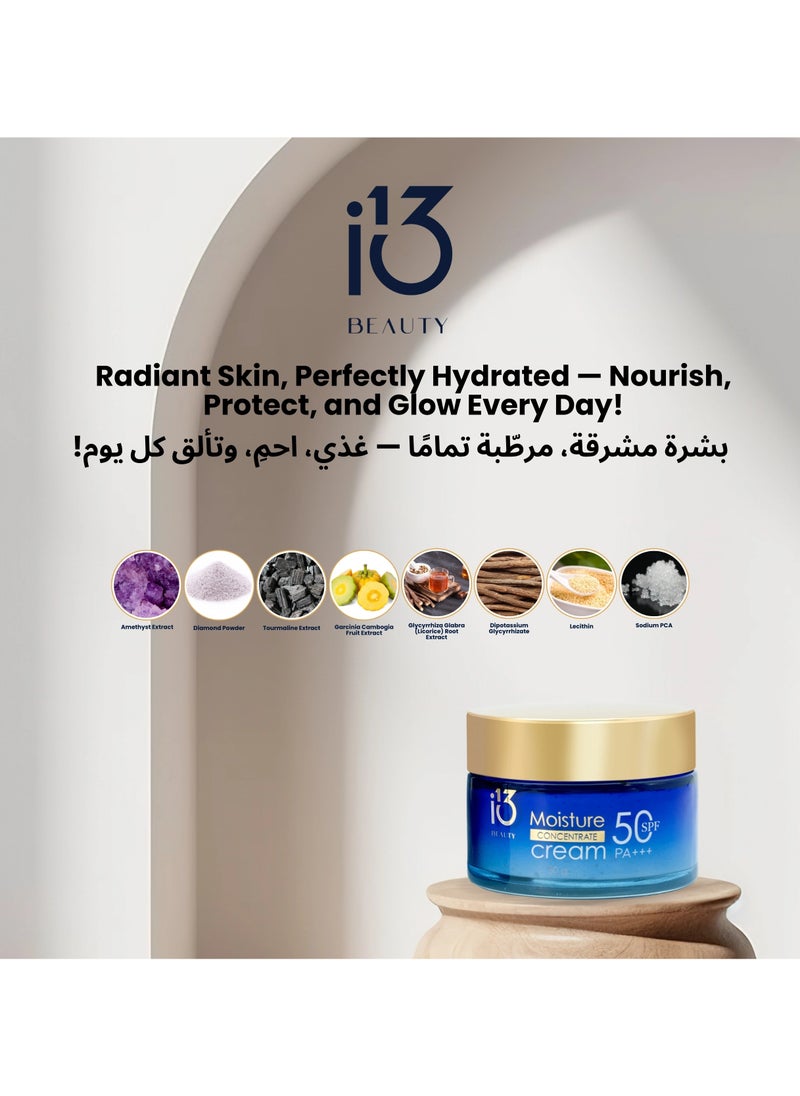 i13 Beauty Moisture Concentrate Cream SPF50 PA+++ | Intense Hydration + Skin Brightening + UV Protection | Lightweight, Non-Greasy Daily Moisturizer for Glowing Skin | For All Skin Types | 30g