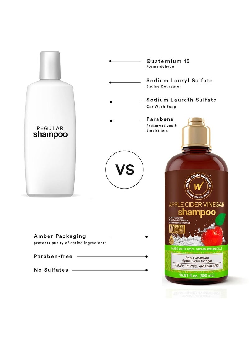 WOW Skin Science Apple Cider Vinegar Shampoo - Hair Growth Shampoo for Thinning Hair, Hair Loss & Dandruff Shampoo - Parabens & Sulfate Free Shampoo - Clarifying Shampoo for Build Up Purifying Shampoo (16.9 Fl Oz (Pack of 1))