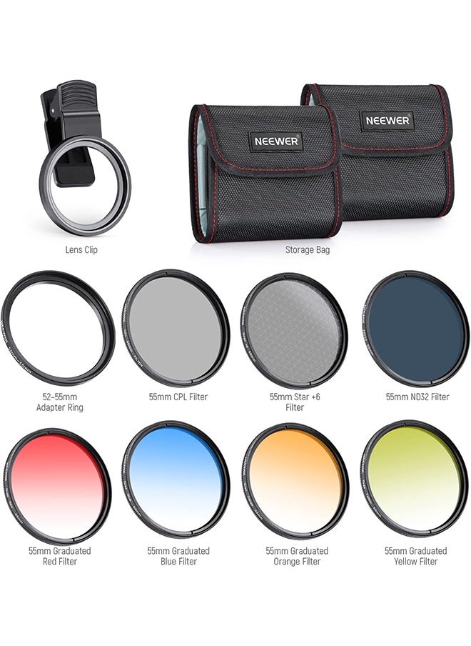 NEEWER 55mm ND/CPL/Effect Filter Set with Mobile Phone Camera Lens Clamp Clip, Polarizing ND32 6 Point Star 4 Graduated Colour Filters Kit Compatible with iPhone 16 15 14 Pro Max Plus 13 12 Samsung