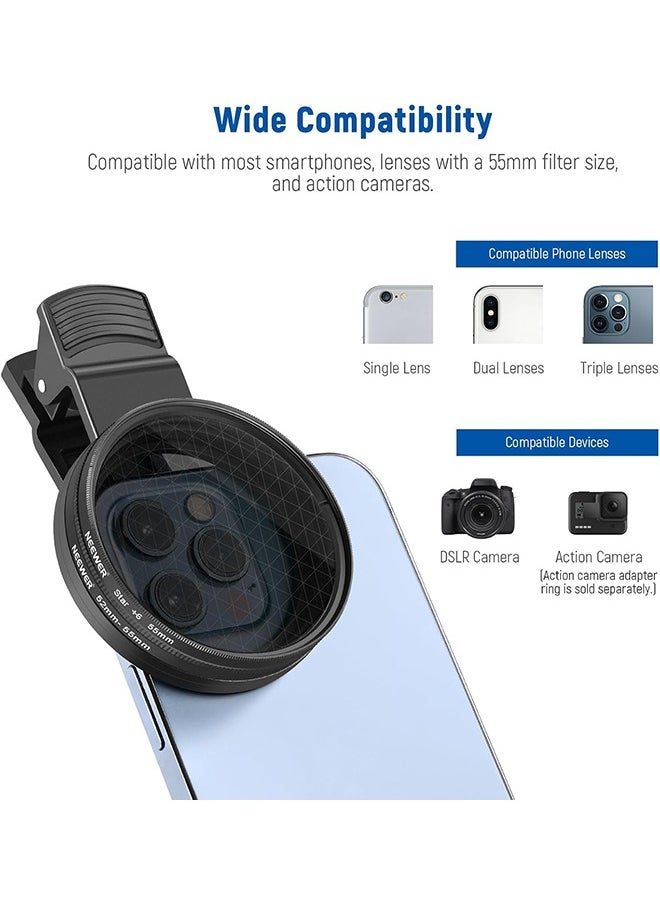 NEEWER 55mm ND/CPL/Effect Filter Set with Mobile Phone Camera Lens Clamp Clip, Polarizing ND32 6 Point Star 4 Graduated Colour Filters Kit Compatible with iPhone 16 15 14 Pro Max Plus 13 12 Samsung