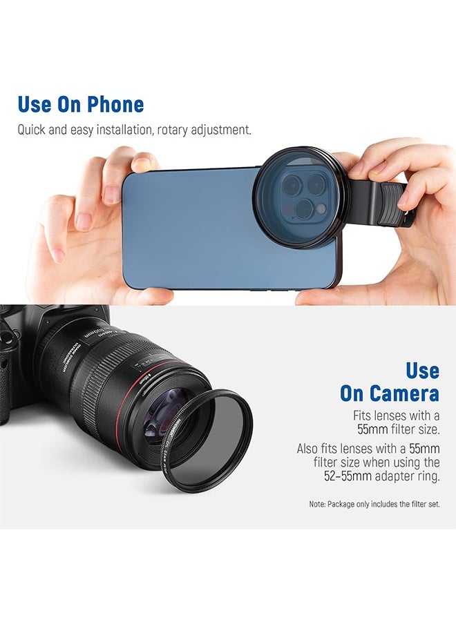 NEEWER 55mm ND/CPL/Effect Filter Set with Mobile Phone Camera Lens Clamp Clip, Polarizing ND32 6 Point Star 4 Graduated Colour Filters Kit Compatible with iPhone 16 15 14 Pro Max Plus 13 12 Samsung