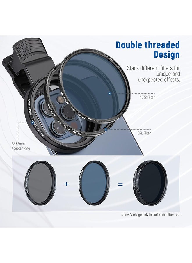 NEEWER 55mm ND/CPL/Effect Filter Set with Mobile Phone Camera Lens Clamp Clip, Polarizing ND32 6 Point Star 4 Graduated Colour Filters Kit Compatible with iPhone 16 15 14 Pro Max Plus 13 12 Samsung