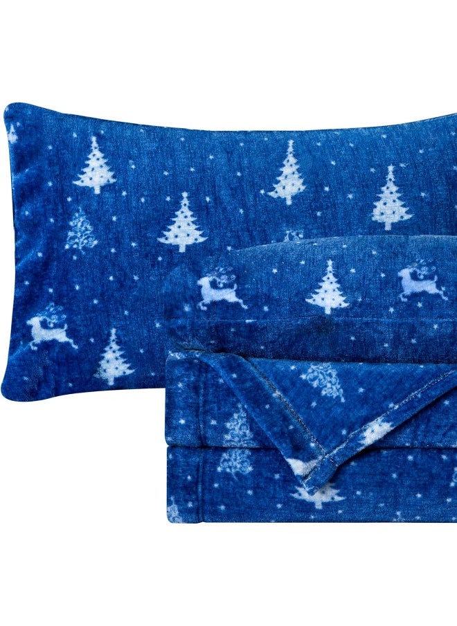 Elegant Comfort Luxuriously Soft 4-Piece Holiday Velvet Plush Flannel Sheet Set - King, Arctic Blue Christmas