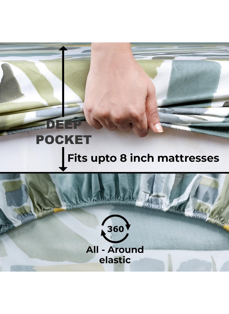 HOKIPO Brushed Microfiber 135 GSM Printed Elastic King Size Fitted Bedsheet, 78x72 inches with 2 Pillow Cover, Abstract Prints Grey (IN-630-D22)