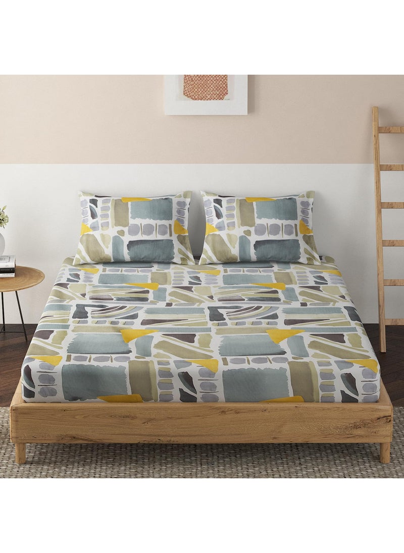 HOKIPO Brushed Microfiber 135 GSM Printed Elastic King Size Fitted Bedsheet, 78x72 inches with 2 Pillow Cover, Abstract Prints Grey (IN-630-D22)